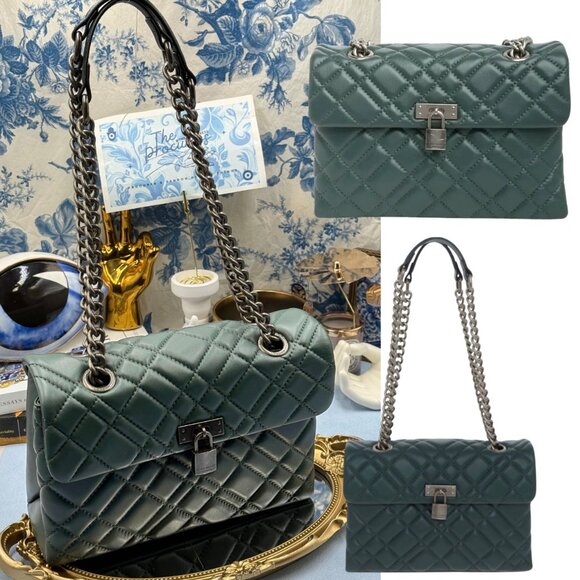🆕 KURT GEIGER LONDON 🧿 NWOT Brixton Lock Quilted Leather Shoulder Bag, Green - Picture 1 of 16
